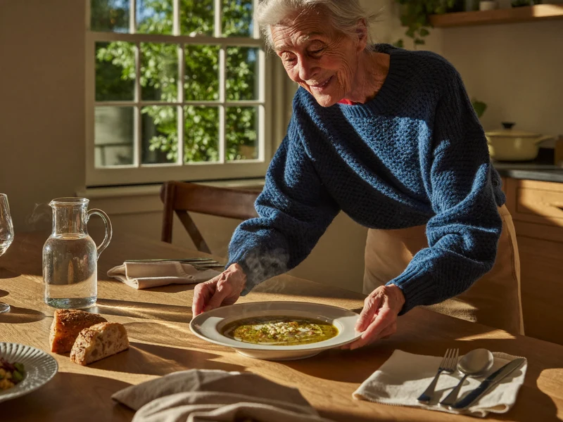 Un'anziana serve una zuppa di verdure fumante in una cucina italiana luminosa