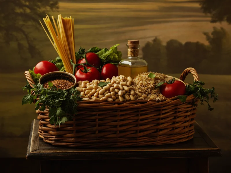 Cesto di legumi secchi, pasta, riso, olio e verdure di stagione