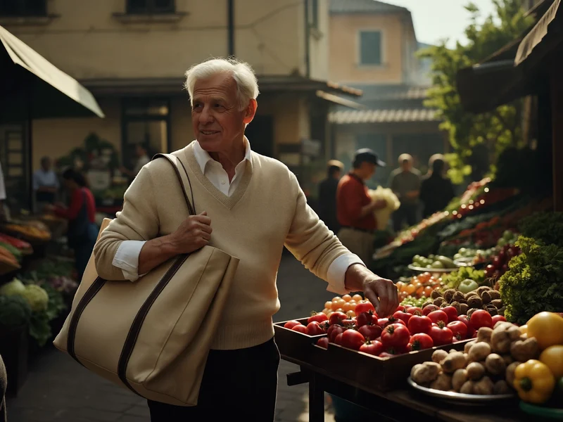 Un signore sceglie verdure fresche a un banco del mercato all'aperto