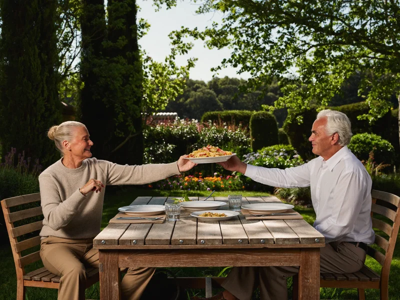 Due amici anziani condividono un pranzo di pasta a un tavolo in giardino