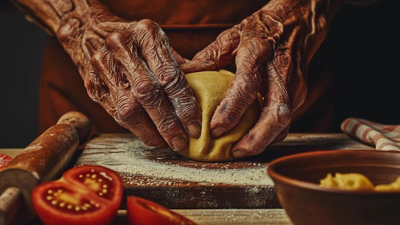 Mani esperte lavorano l'impasto della pasta su un tagliere di legno